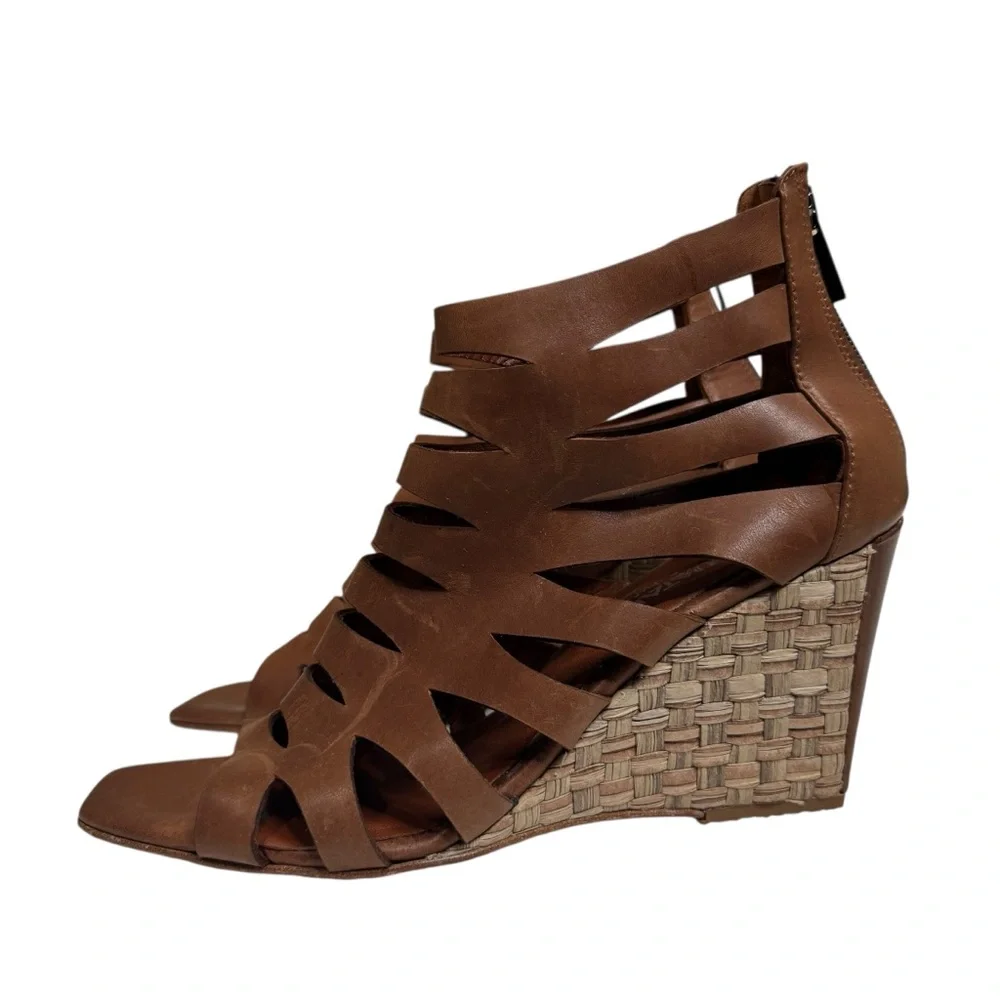 Aquatalia‎ Brown Leather Cage Woven Wedge Sandals Womens Size 9.5